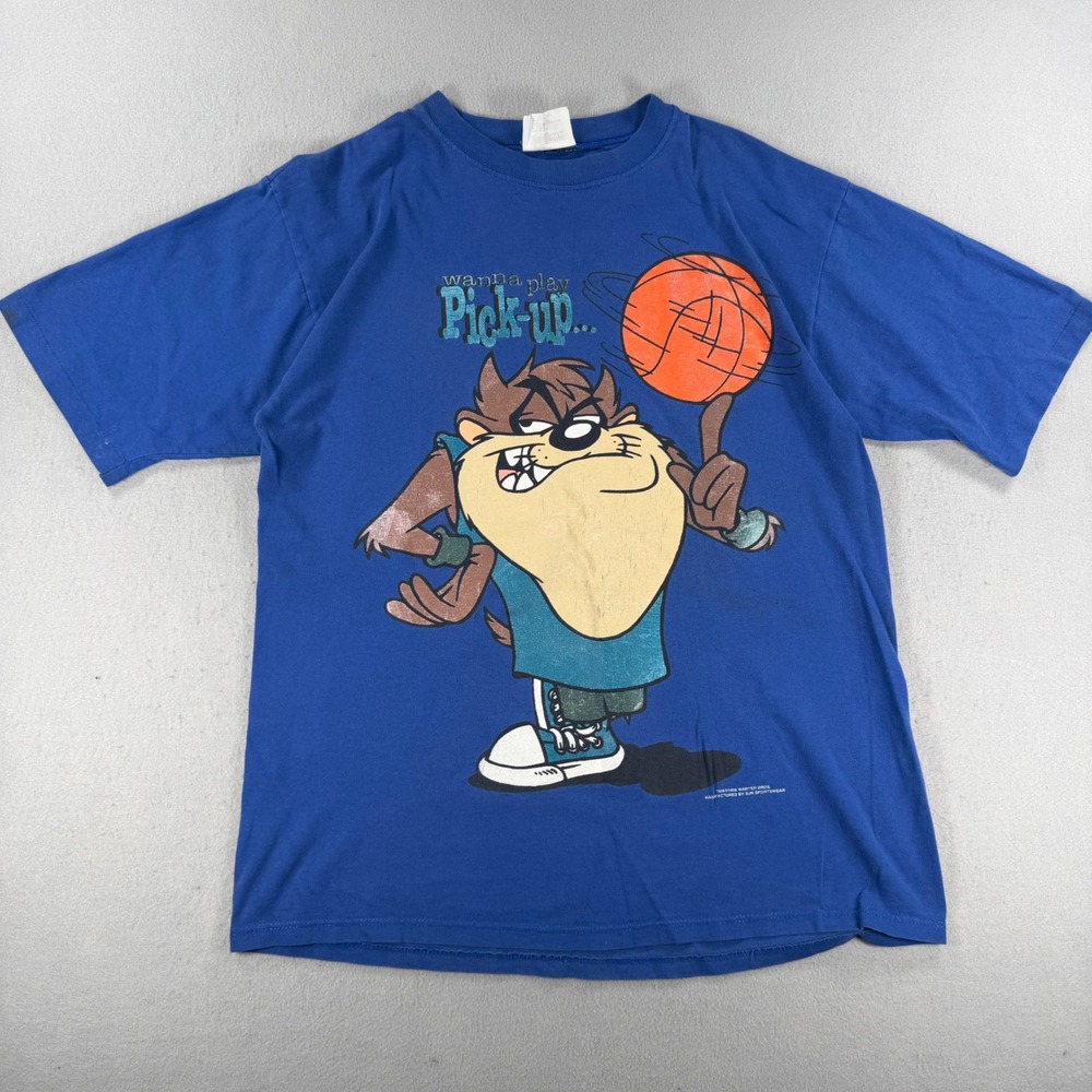 Rare Vintage 1996 Looney Tunes Taz Basketball T-Shirt Blue Mens Large
